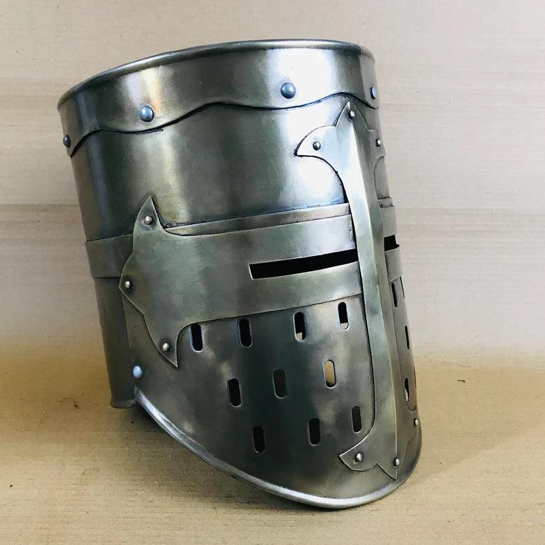 Brass Antique Design Medieval Knight Armor Crusader Templar Helmet Helm Mason's Brass Cross Free Wooden Stand - collectiblegiftitems