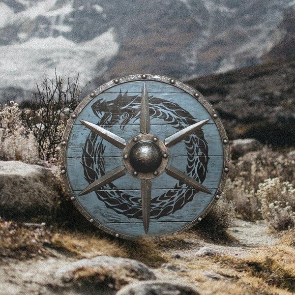 Jormungandr Plank Viking Shield with Steel Braces, 24 inches Blue