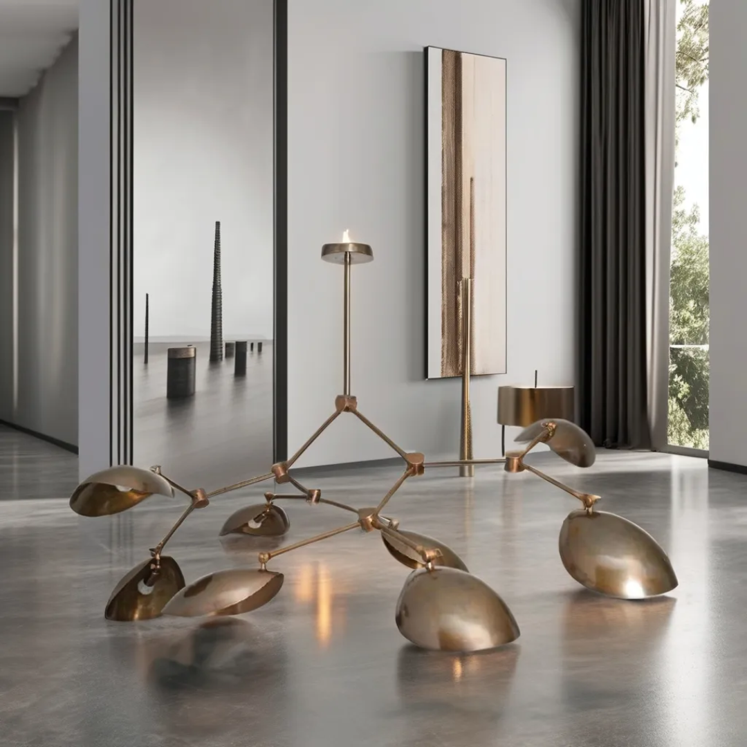 Massive Sculptural Brass Chandelier – 8 Oversized Adjustable Scoop Shades – Handcrafted Mid-Century Modern Statement Light