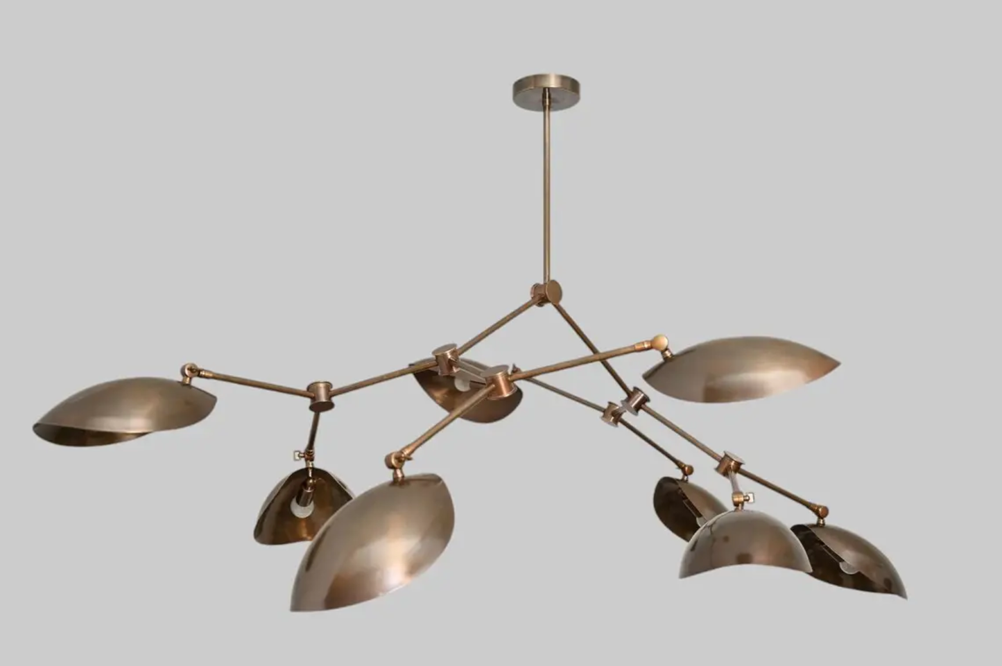 Massive Sculptural Brass Chandelier – 8 Oversized Adjustable Scoop Shades – Handcrafted Mid-Century Modern Statement Light