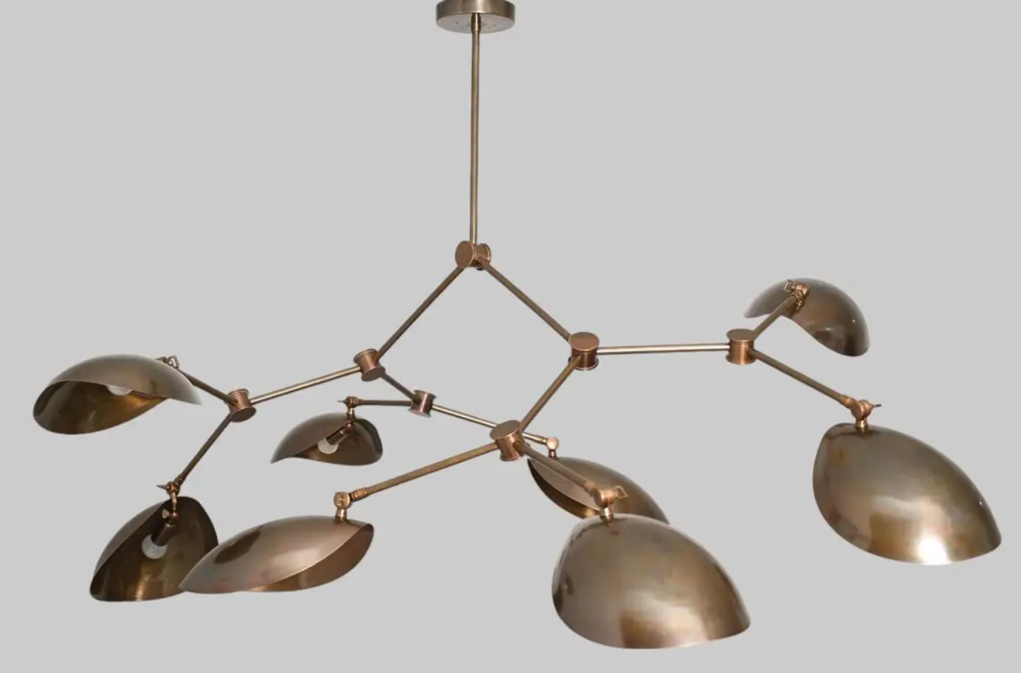 Massive Sculptural Brass Chandelier – 8 Oversized Adjustable Scoop Shades – Handcrafted Mid-Century Modern Statement Light