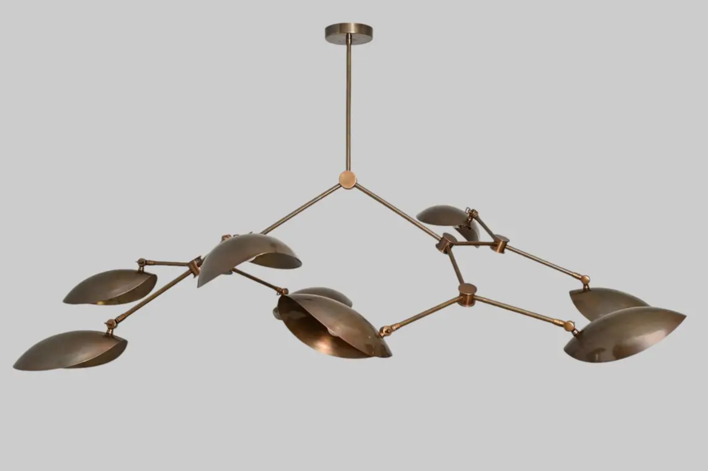 Massive Sculptural Brass Chandelier – 8 Oversized Adjustable Scoop Shades – Handcrafted Mid-Century Modern Statement Light