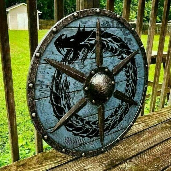 Jormungandr Plank Viking Shield with Steel Braces, 24 inches Blue
