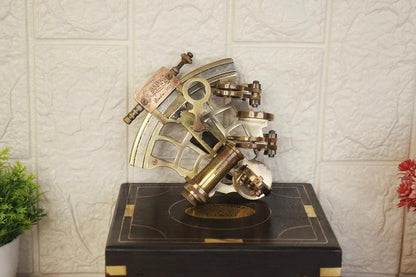 Brass Sextant, Handheld Nautical Sextant With Wooden Box - collectiblegiftitems