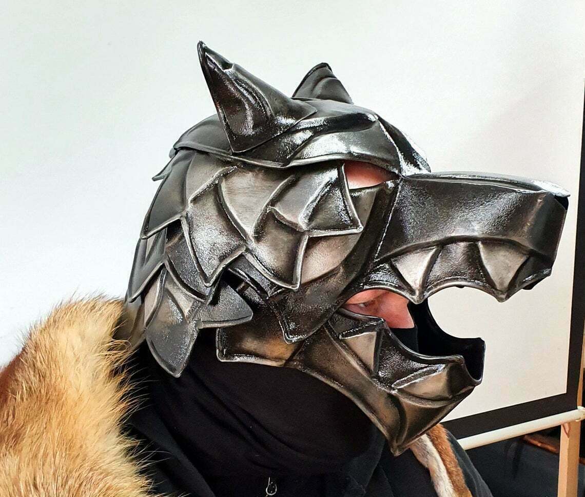 Mittelalterlicher Wolfshelm aus 18 GA-Stahl, mittelalterlicher Wikinger-Wolfshelm, geschwärzter Helm