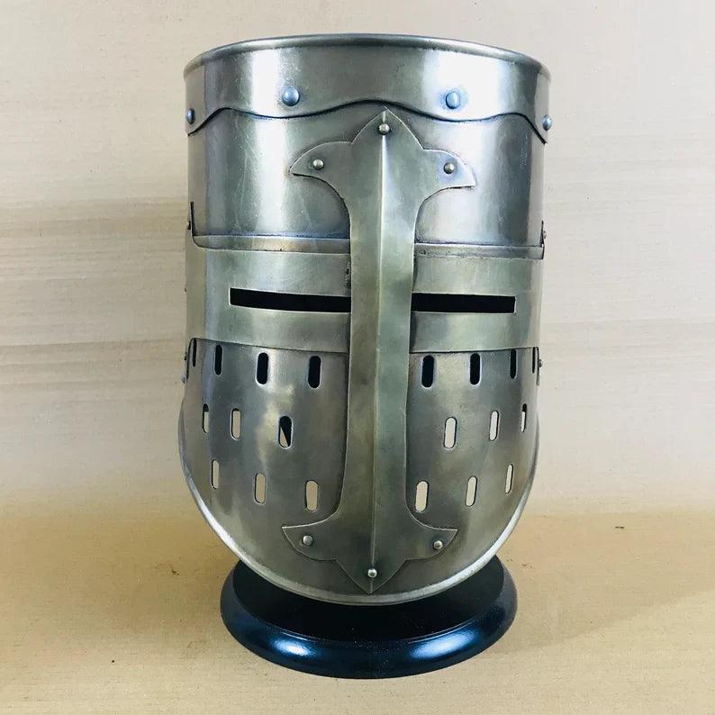 Brass Antique Design Medieval Knight Armor Crusader Templar Helmet Helm Mason's Brass Cross Free Wooden Stand - collectiblegiftitems