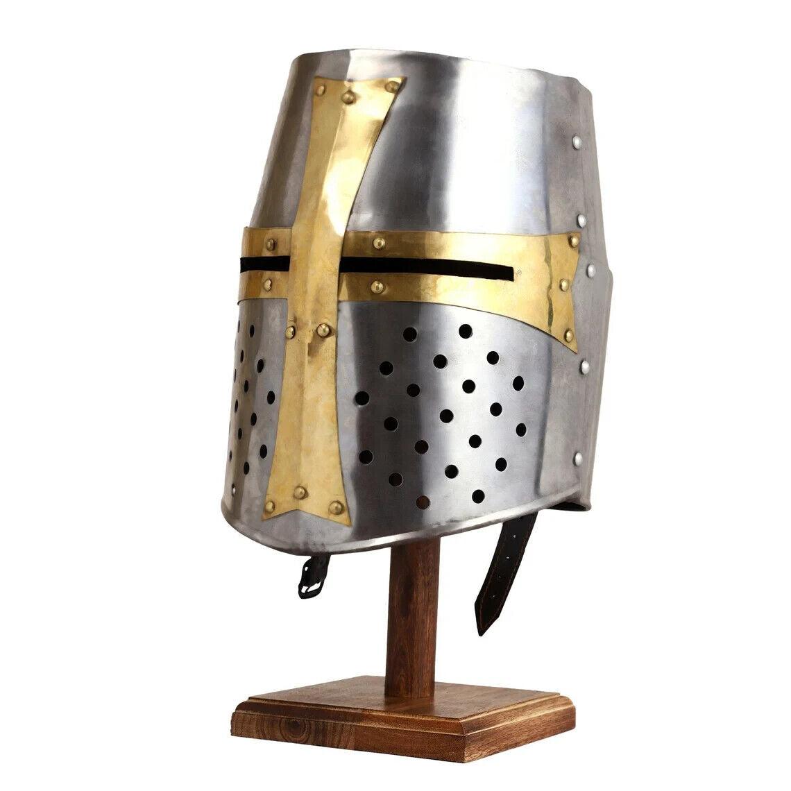Medieval Helmet Wooden Stand Crusader Templar Knight LARP Helmet