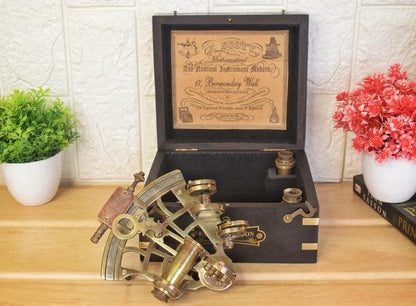 Brass Sextant, Handheld Nautical Sextant With Wooden Box - collectiblegiftitems