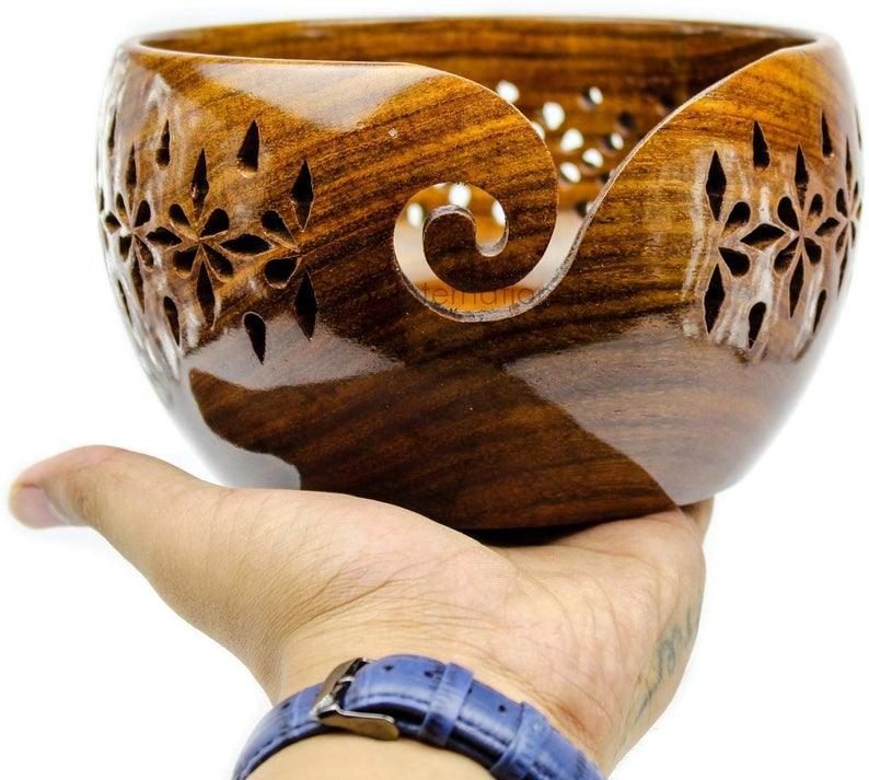 Rosewood Crafted Wooden Yarn Bowl with Carved Holes & Drills. - collectiblegiftitems