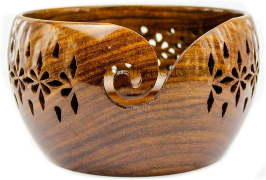 Rosewood Crafted Wooden Yarn Bowl with Carved Holes & Drills. - collectiblegiftitems