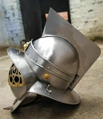 Medieval Larp Armour, Replica Murmillo Gladiator Helmet Medieval Knight Crusader Armor with Free Wooden Stand - collectiblegiftitems