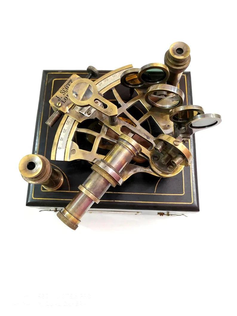 Nautical Brass J. Scott Ship Working Sextant in Wooden Box with Two Extra Telescope - collectiblegiftitems