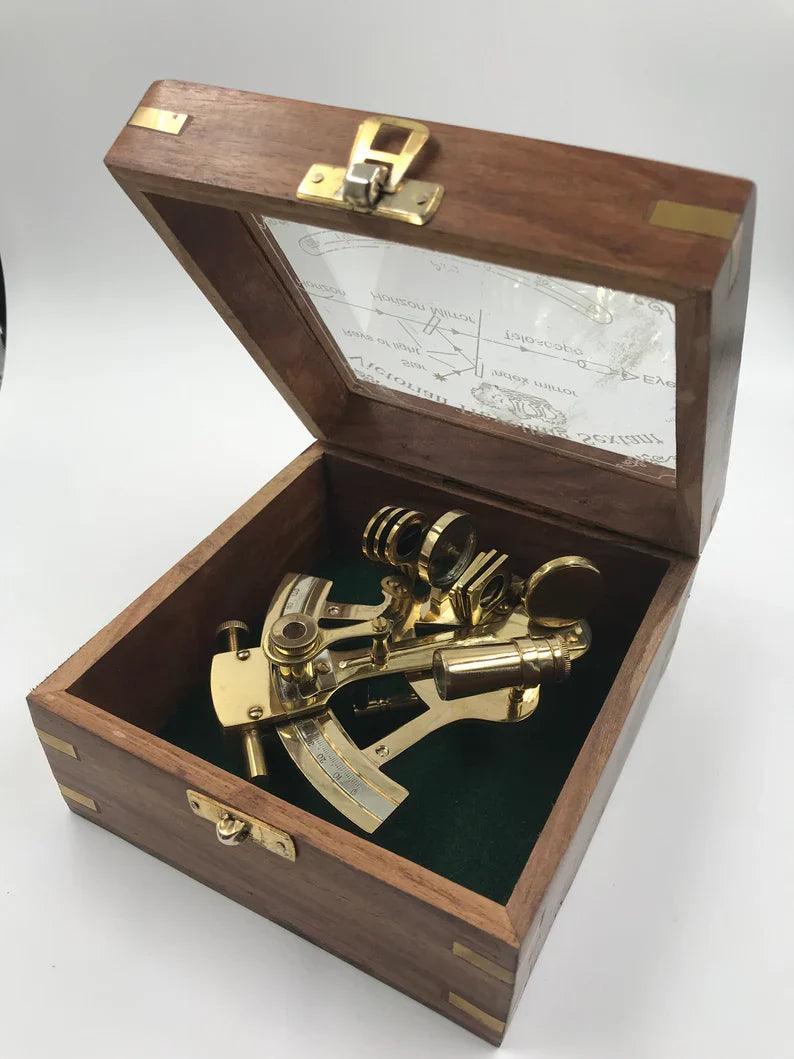 Nautical Brass 5" Sextant With Beautiful Designer Wooden Box