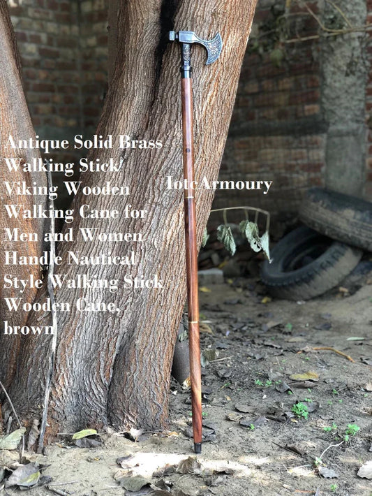 Brass Axe Handle Walking Stick Viking Wooden Cane