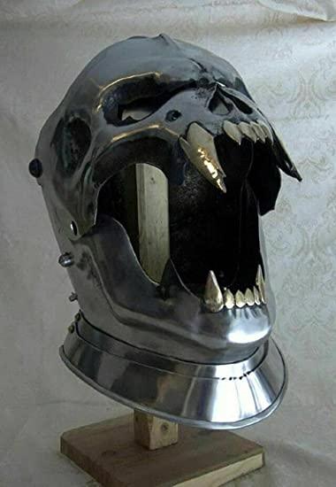 Retro Medieval Helmet Old Demonic Face Helmet Battle-Ready Historical Treasure Silver - collectiblegiftitems