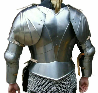 Traje de armadura de dama de medio cuerpo Medieval de acero 16Ga Sca con coraza y hombreras, caballero femenino, conjunto de chica guerrera cota de malla