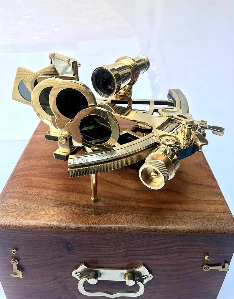 Nautical Brass Sextant Instrument with Wooden Box Marine Working Sextant 9" Fully Navigation Ship Astrolabe Sextant