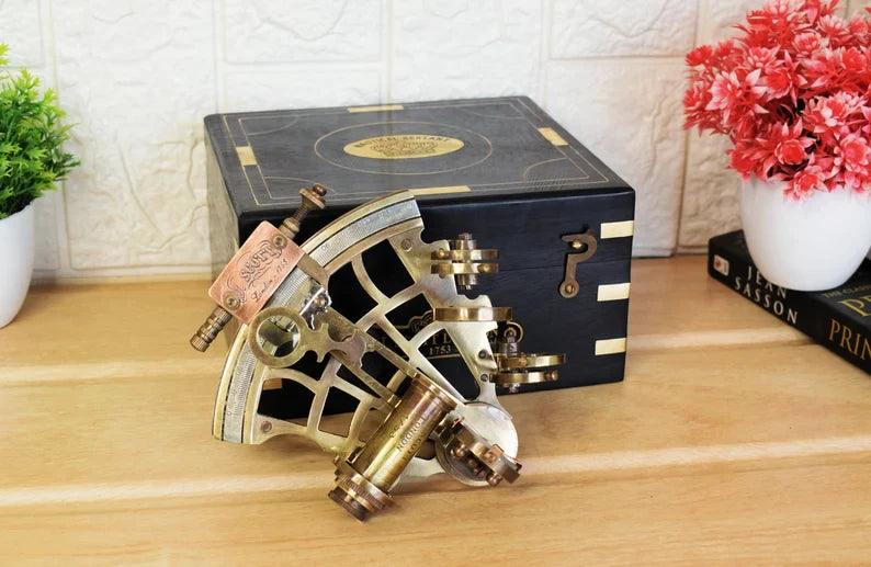 Brass Sextant, Handheld Nautical Sextant With Wooden Box - collectiblegiftitems