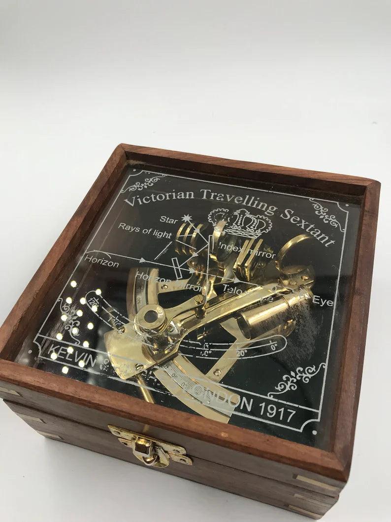 Nautical Brass 5" Sextant With Beautiful Designer Wooden Box
