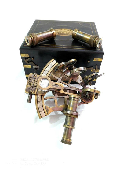 Nautical Brass J. Scott Ship Working Sextant in Wooden Box with Two Extra Telescope - collectiblegiftitems