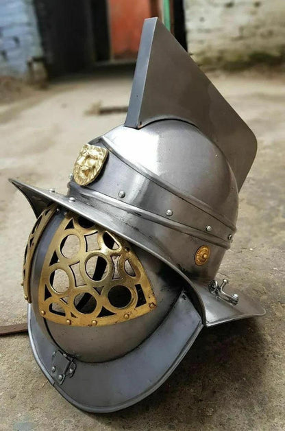 Medieval Larp Armour, Replica Murmillo Gladiator Helmet Medieval Knight Crusader Armor with Free Wooden Stand - collectiblegiftitems