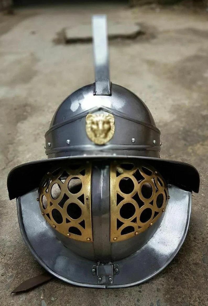 Medieval Larp Armour, Replica Murmillo Gladiator Helmet Medieval Knight Crusader Armor with Free Wooden Stand - collectiblegiftitems