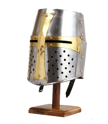Mittelalterlicher Helm aus Holz mit Ständer, Kreuzritter, Tempelritter, LARP-Helm, Cosplay-Rüstung