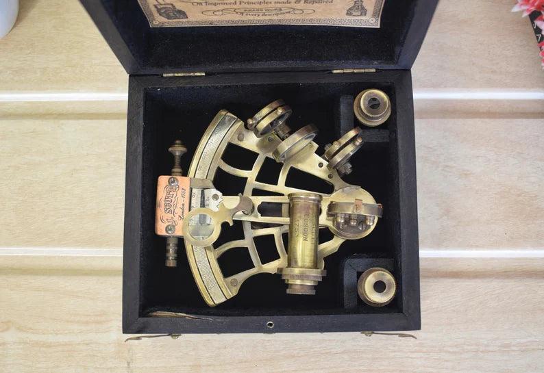 Brass Sextant, Handheld Nautical Sextant With Wooden Box - collectiblegiftitems