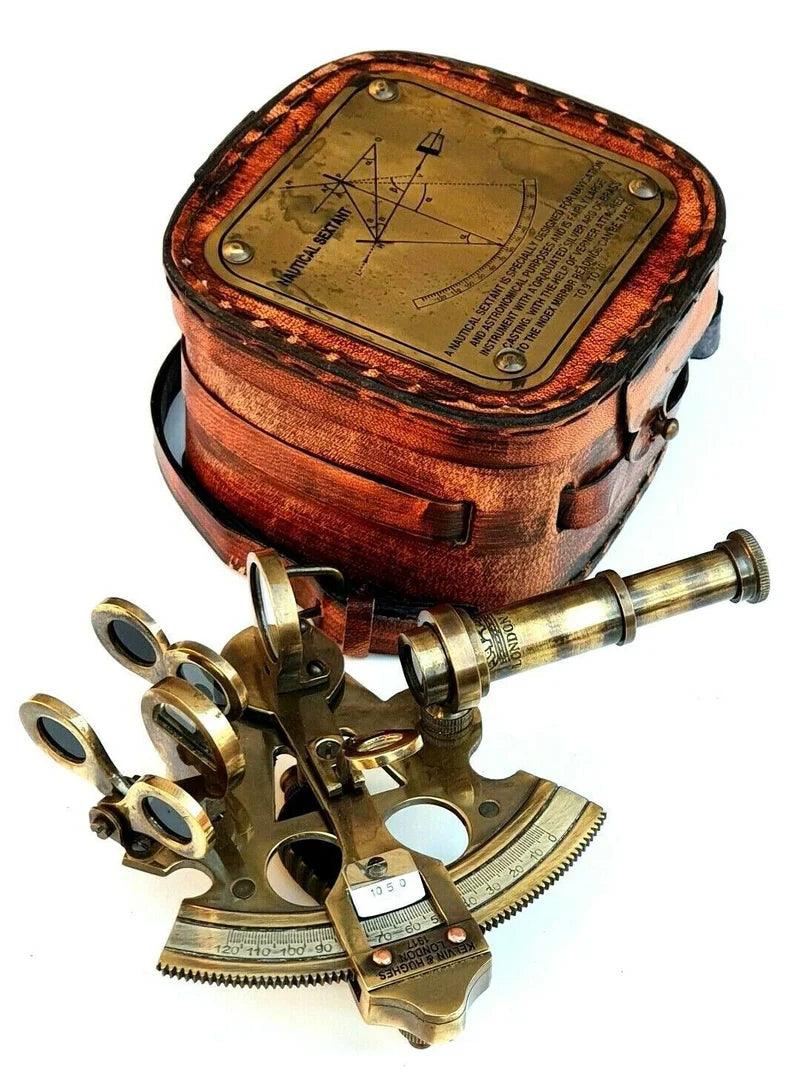 Vintage Maritime Brass Nautical Sextant Leather Case Kelvin Hughes London 1917 Genuine Leather Box With Solid Brass nautical Sextant - collectiblegiftitems