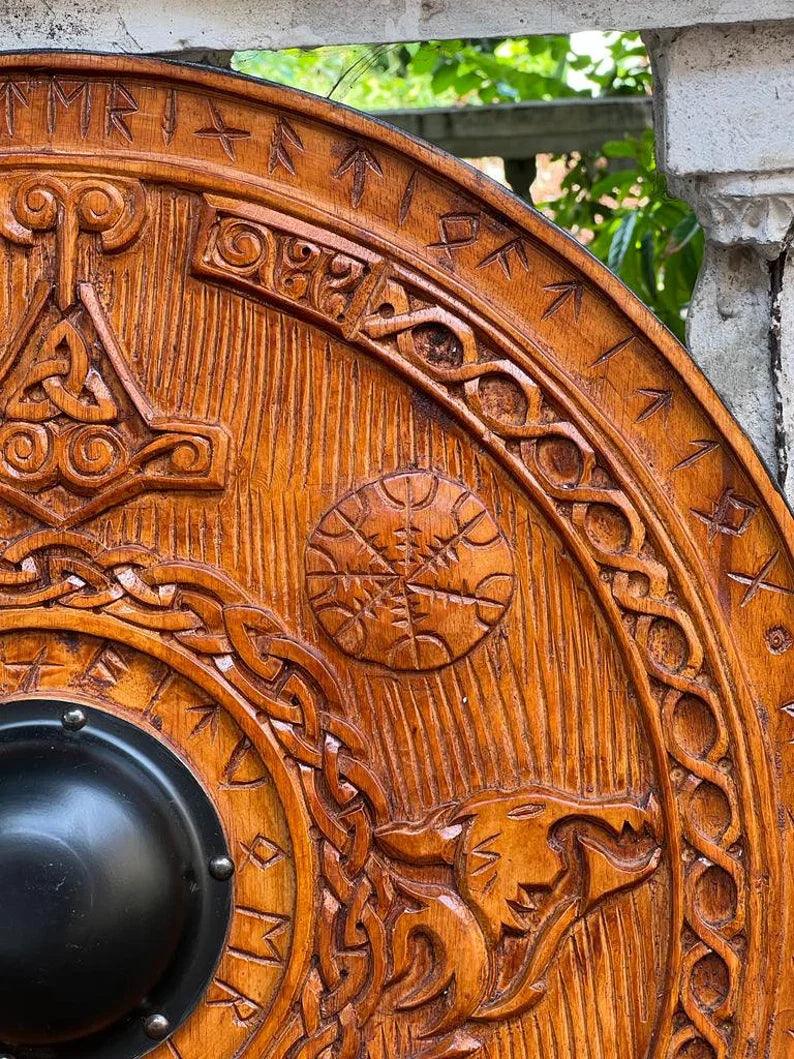 Viking Round Dragon Carved Shield Knight Battle Medieval Warrior Wooden Shield Best Wall Décor Gifts - collectiblegiftitems