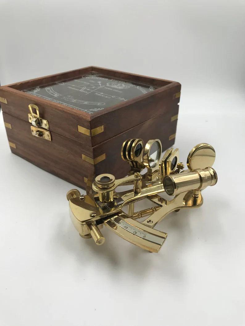 Nautical Brass 5" Sextant With Beautiful Designer Wooden Box
