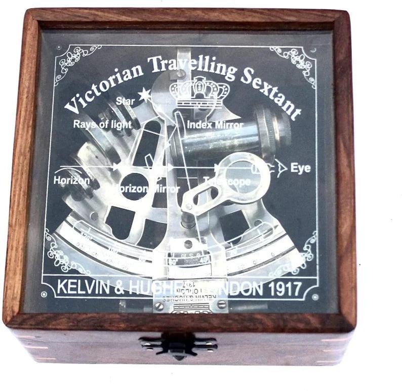 Nautical Antiquated Brass Kelvin & Hugs Sextant 1917 With Beautiful Leather Box - collectiblegiftitems