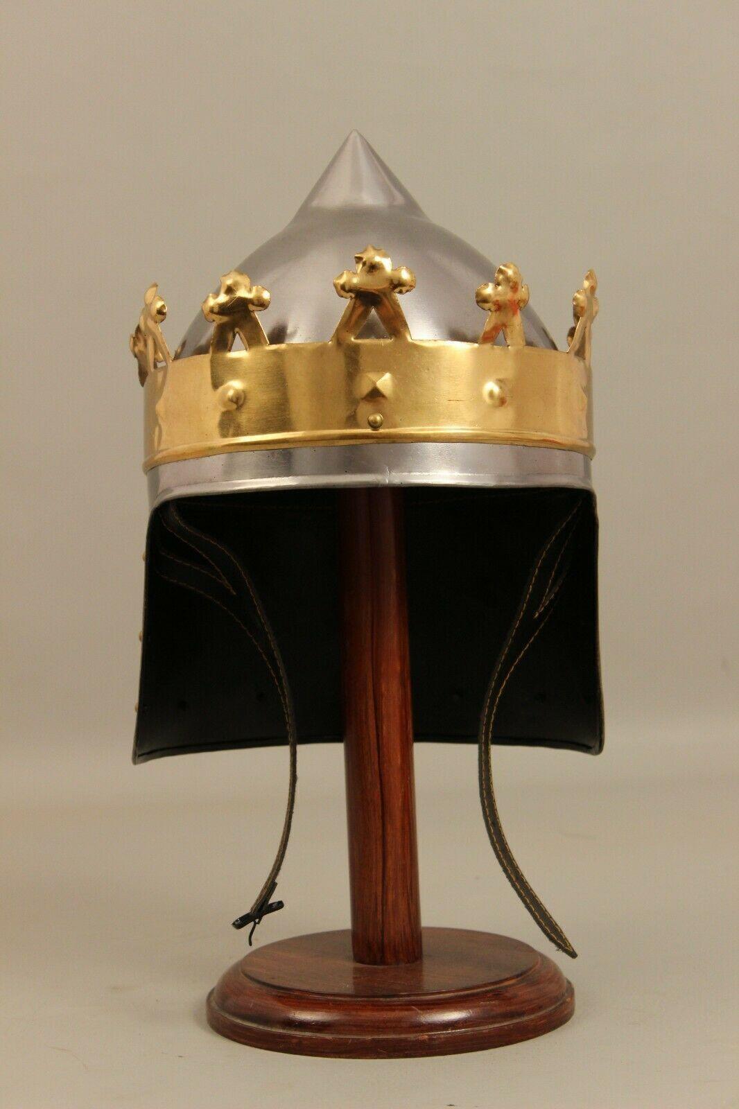18 Guage Steel Medieval Knight Kings Rechard Helmet Brass Crown Helmet Cosplay - collectiblegiftitems