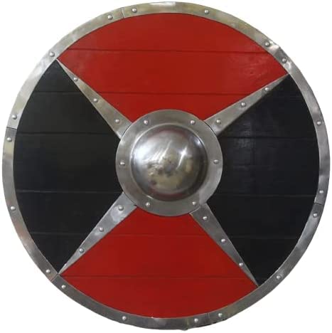 Escudo con borde de acero vikingo medieval negro y rojo 24''
