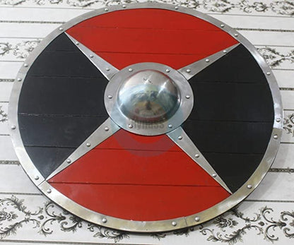 Escudo con borde de acero vikingo medieval negro y rojo 24''
