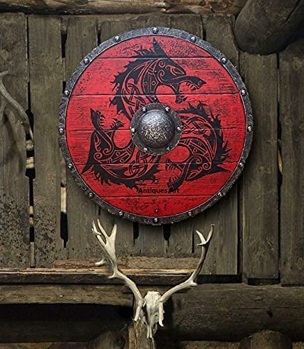 Mittelalterlicher Schild aus der Wikingerzeit, Erwachsenengröße, 61 cm, handgefertigt, Naturholz und Eisen, für Kampfspiele, Krieger, Cosplay, Dunkelrot