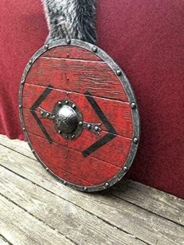 Escudo vikingo redondo medieval rojo y negro, diseño auténtico templario LARP nórdico desgastado por la batalla, escudo de madera y hierro para decoración del hogar (24 pulgadas)