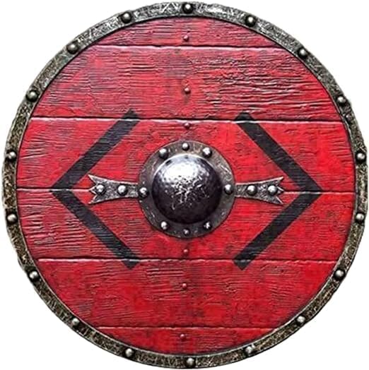 Escudo vikingo redondo medieval rojo y negro, diseño auténtico templario LARP nórdico desgastado por la batalla, escudo de madera y hierro para decoración del hogar (24 pulgadas)