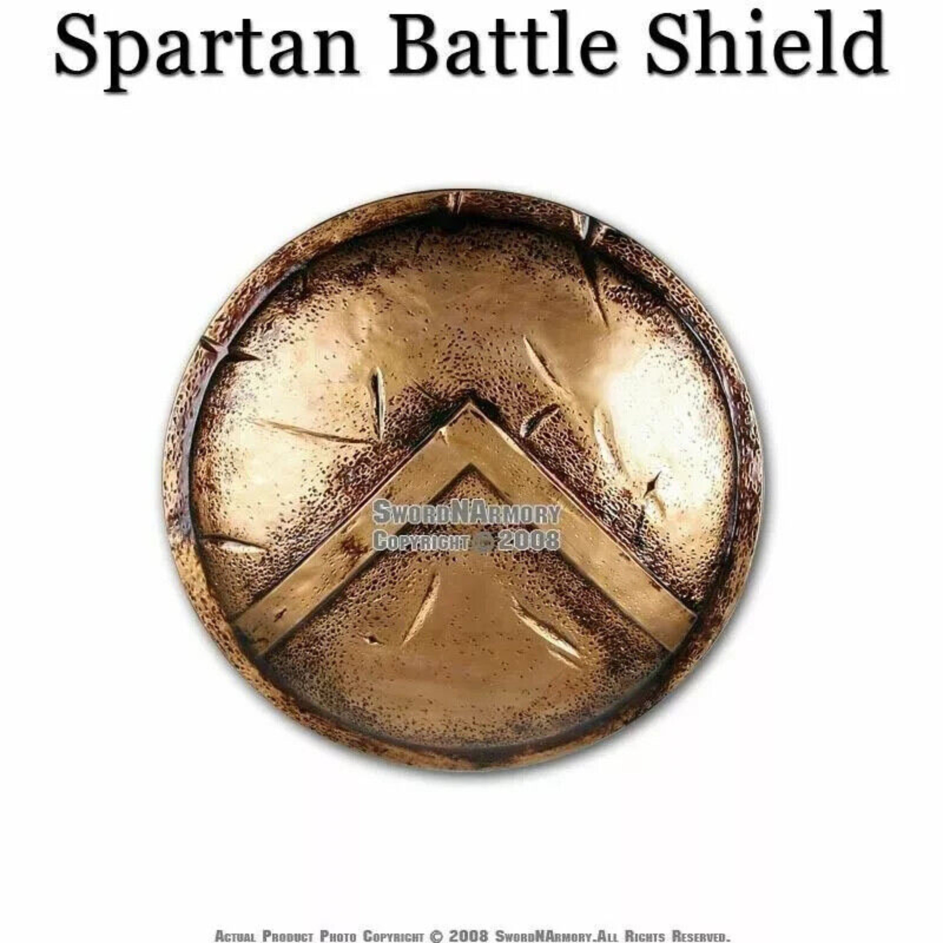Spartan battle shield with visible wear and tear on a white background