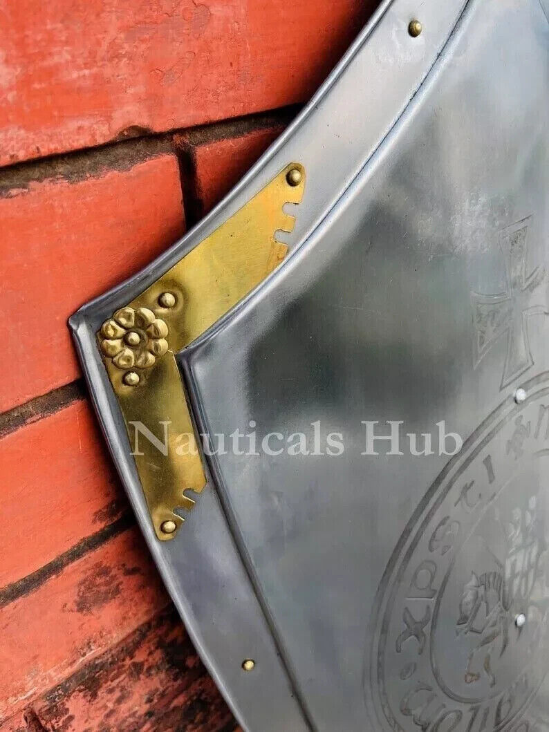 Metal shield with gold accents against a red brick background, branded 'Nautical Hub'.