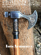 Brass Axe Handle Walking Stick Viking Wooden Cane - collectiblegiftitems