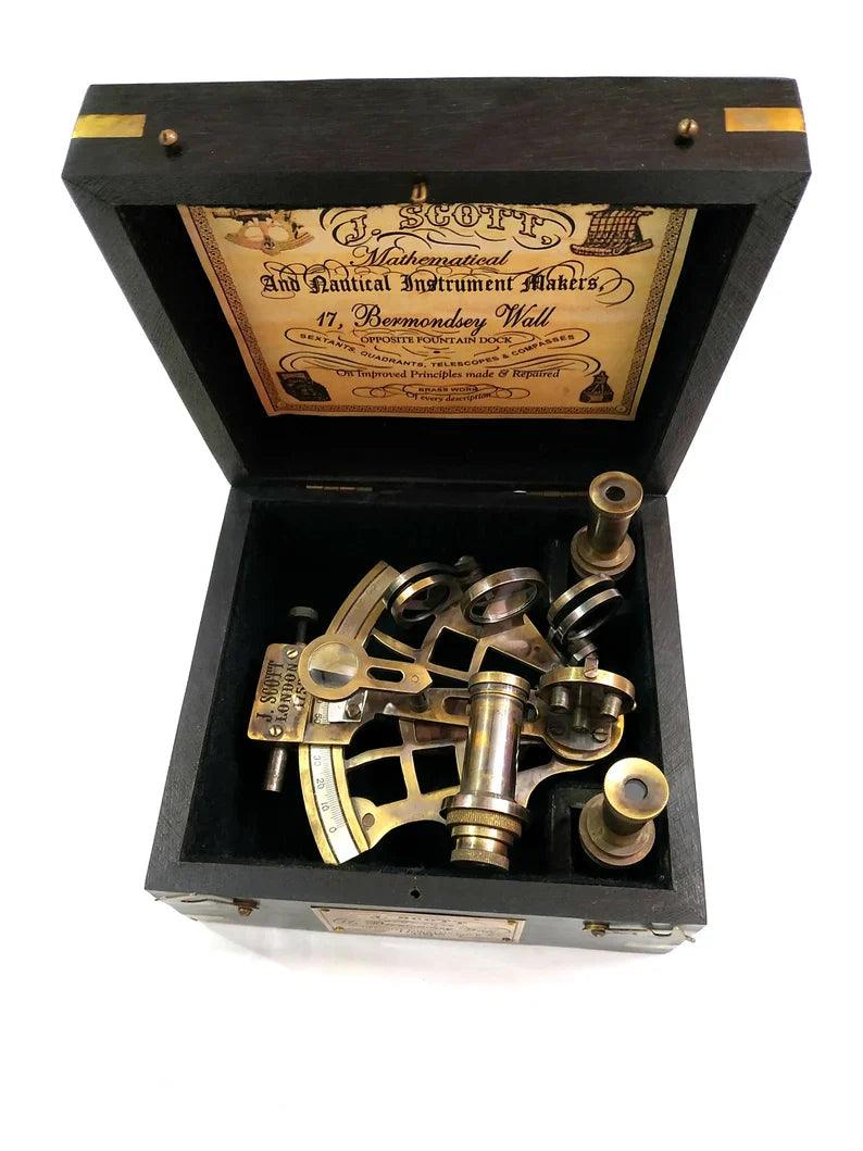 Nautical Brass J. Scott Ship Working Sextant in Wooden Box with Two Extra Telescope - collectiblegiftitems