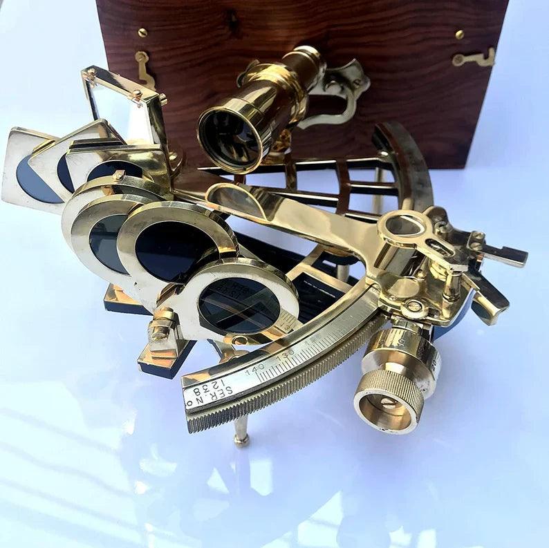 Nautical Brass Sextant Instrument with Wooden Box Marine Working Sextant 9" Fully Navigation Ship Astrolabe Sextant
