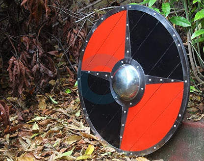 Schwarz-roter mittelalterlicher Wikingerschild mit Stahlrand, 24 Zoll