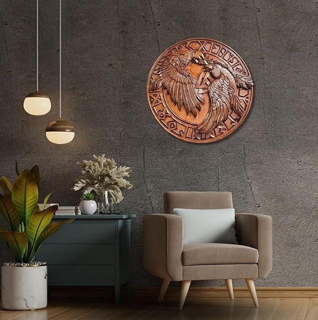 Escudo vikingo de madera, símbolo vikingo Cuervo, arte de pared de decoración vikinga Odin Hugin y Munin Round shiel