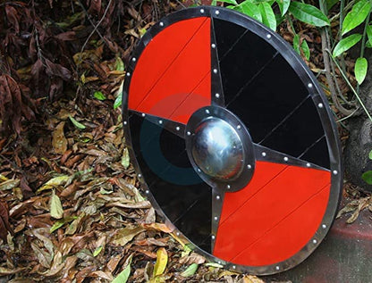 Schwarz-roter mittelalterlicher Wikingerschild mit Stahlrand, 24 Zoll