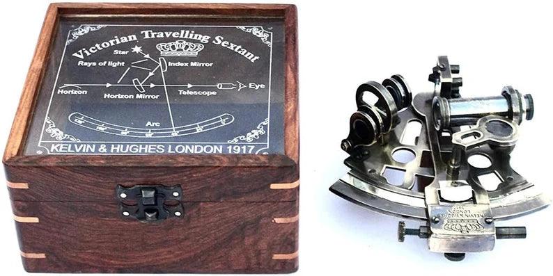 Nautical Antiquated Brass Kelvin & Hugs Sextant 1917 With Beautiful Leather Box - collectiblegiftitems