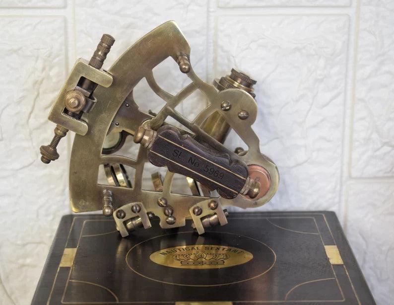 Brass Sextant, Handheld Nautical Sextant With Wooden Box - collectiblegiftitems