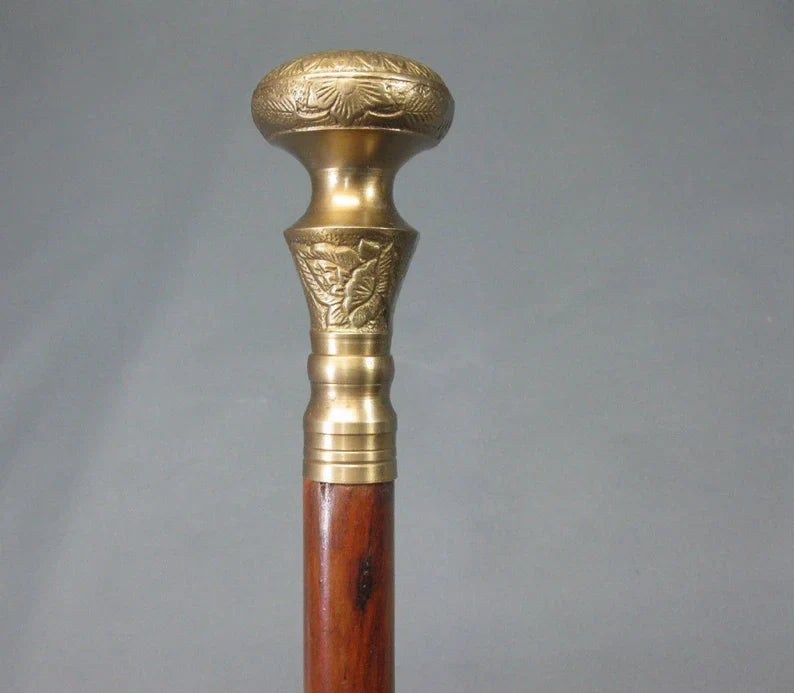 Bastón victoriano antiguo con mango de latón, bastón de madera
