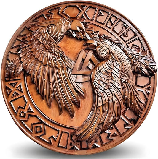 Wooden viking shield, Viking symbol Raven, Viking decor wall art Odin Hugin and Munin Round shiel